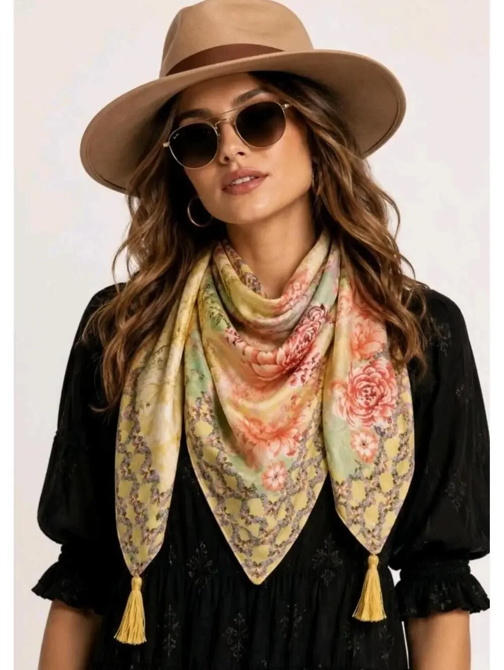 Johnny Was Charlie Print Silk Square Scarf With Tassels Silk Floral NEW #A
